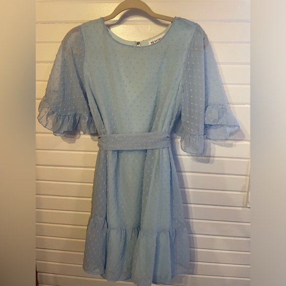 Women Dress Bell Short Sleeve Crew Neck Swiss Dot Chiffon A Line Belt Blue Med - Picture 2 of 7